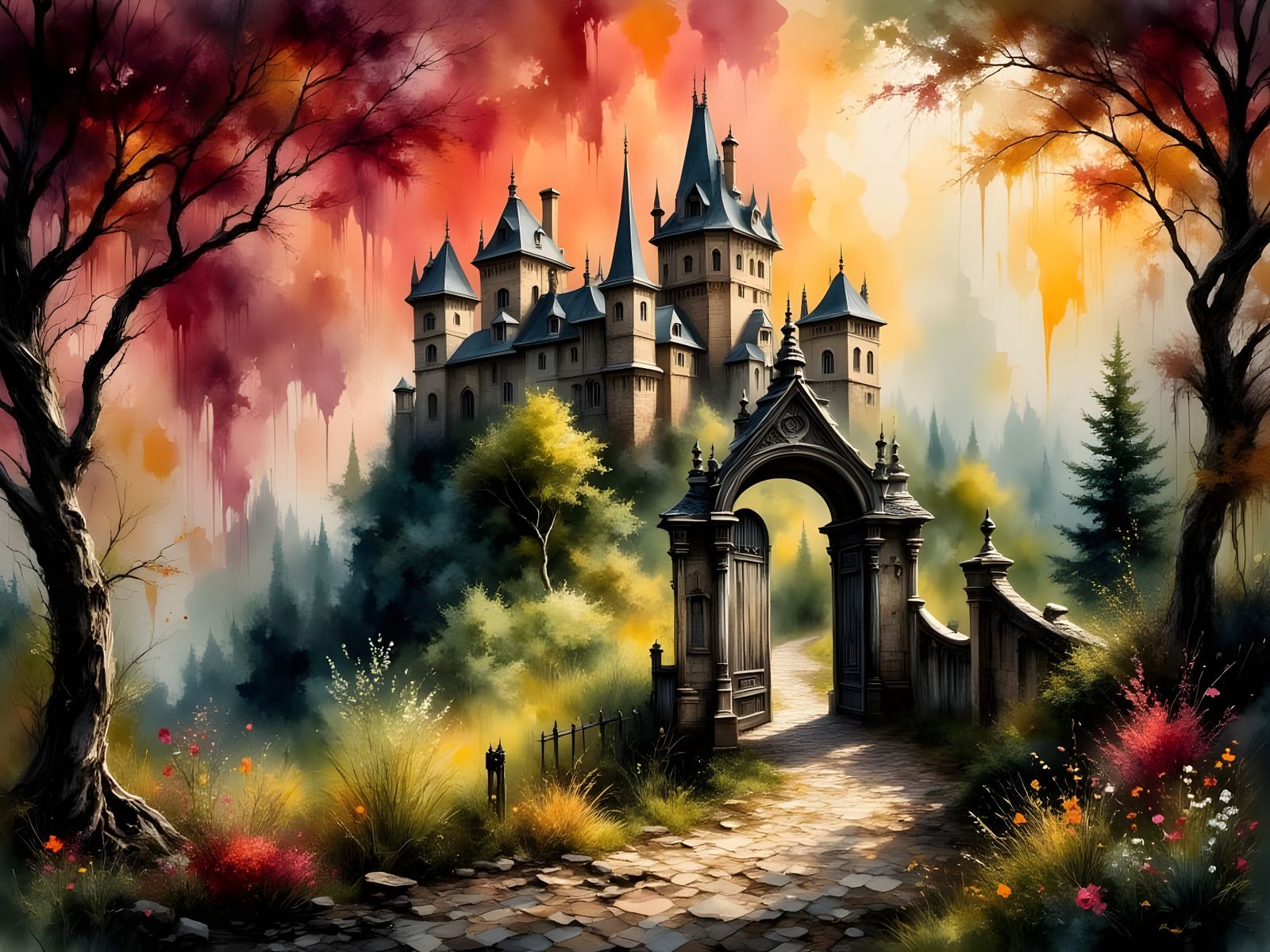 Medieval Castle Scene in Watercolor Impasto Style