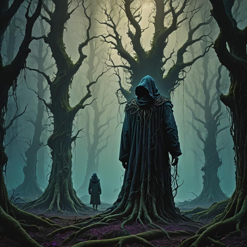 Mysterious Figure in Dark Fantasy Forest