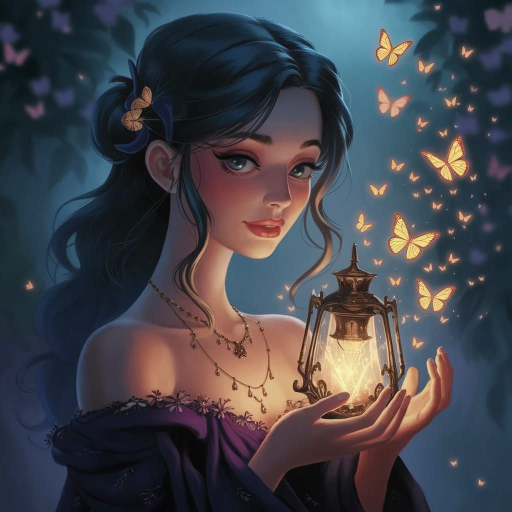 Lady Releasing Butterflies in Golden Light