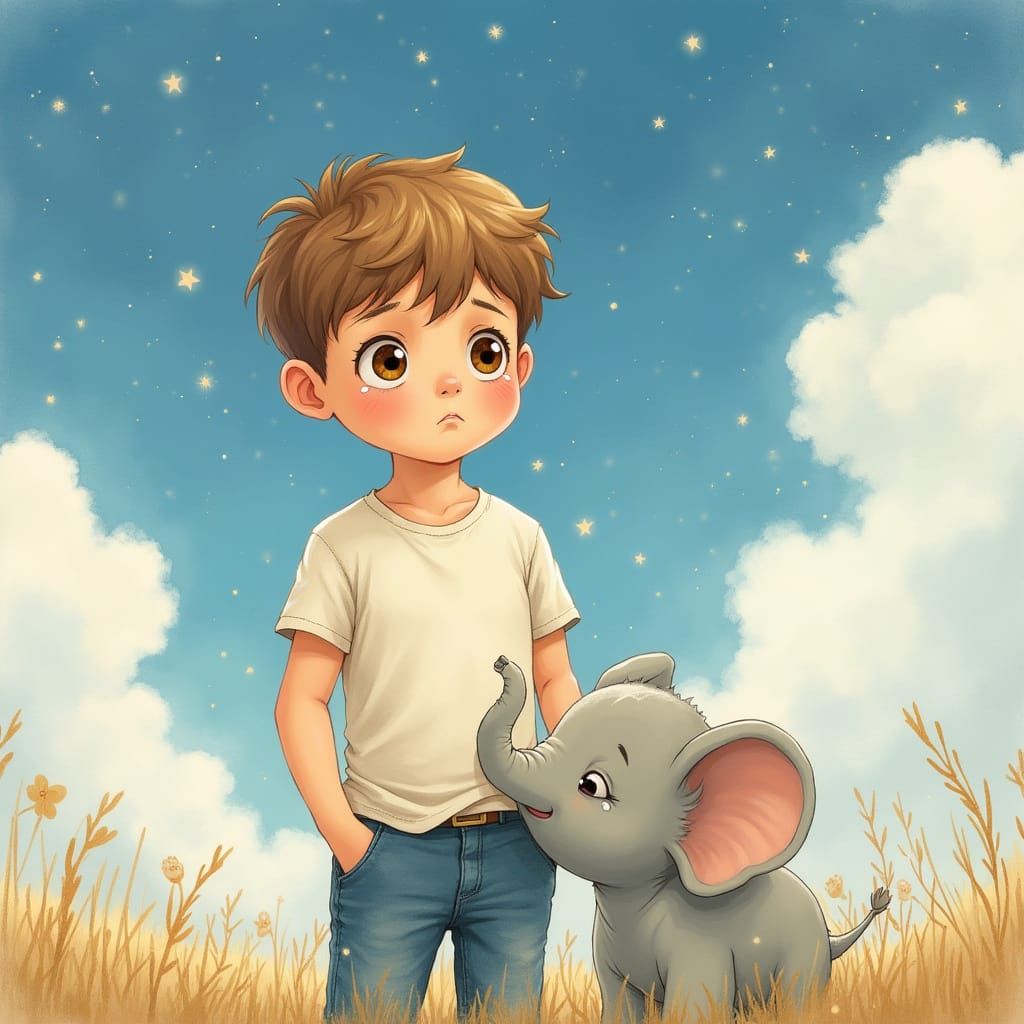 Boy Comforted by Elephant in Watercolor Dreamscape