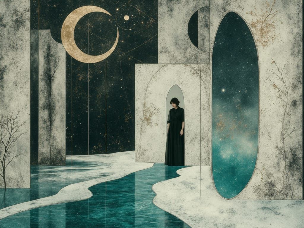 Gothic Surreal Figure in Teal Doorway