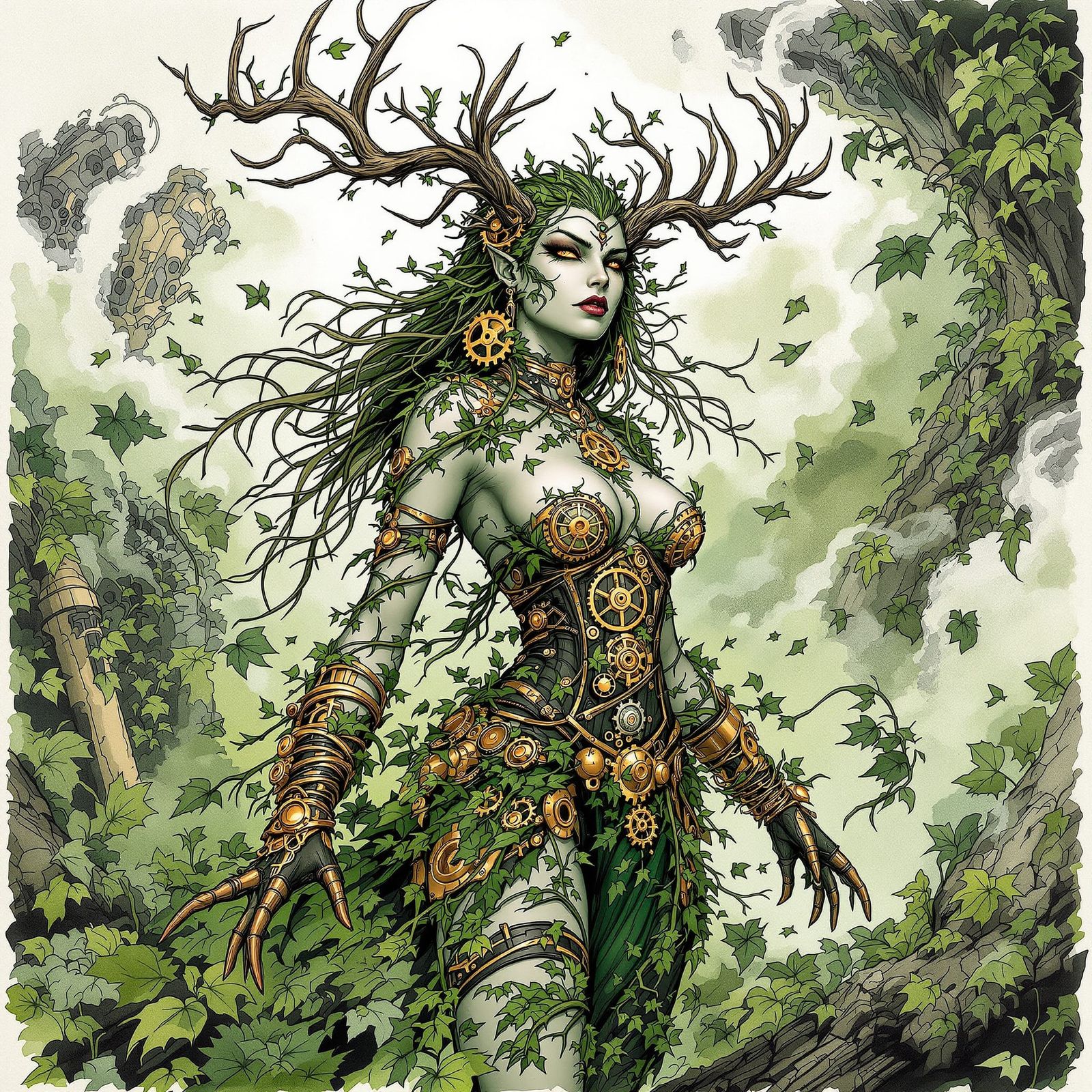 Steampunk Half-Orc Nature Mage Ink Drawing