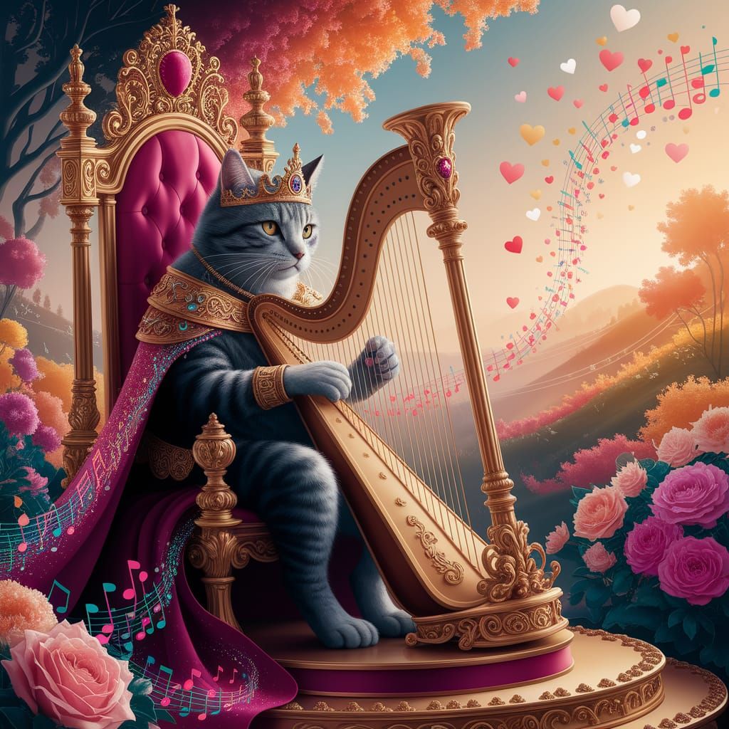 Regal Cat King of Music Enthroned in Golden Light