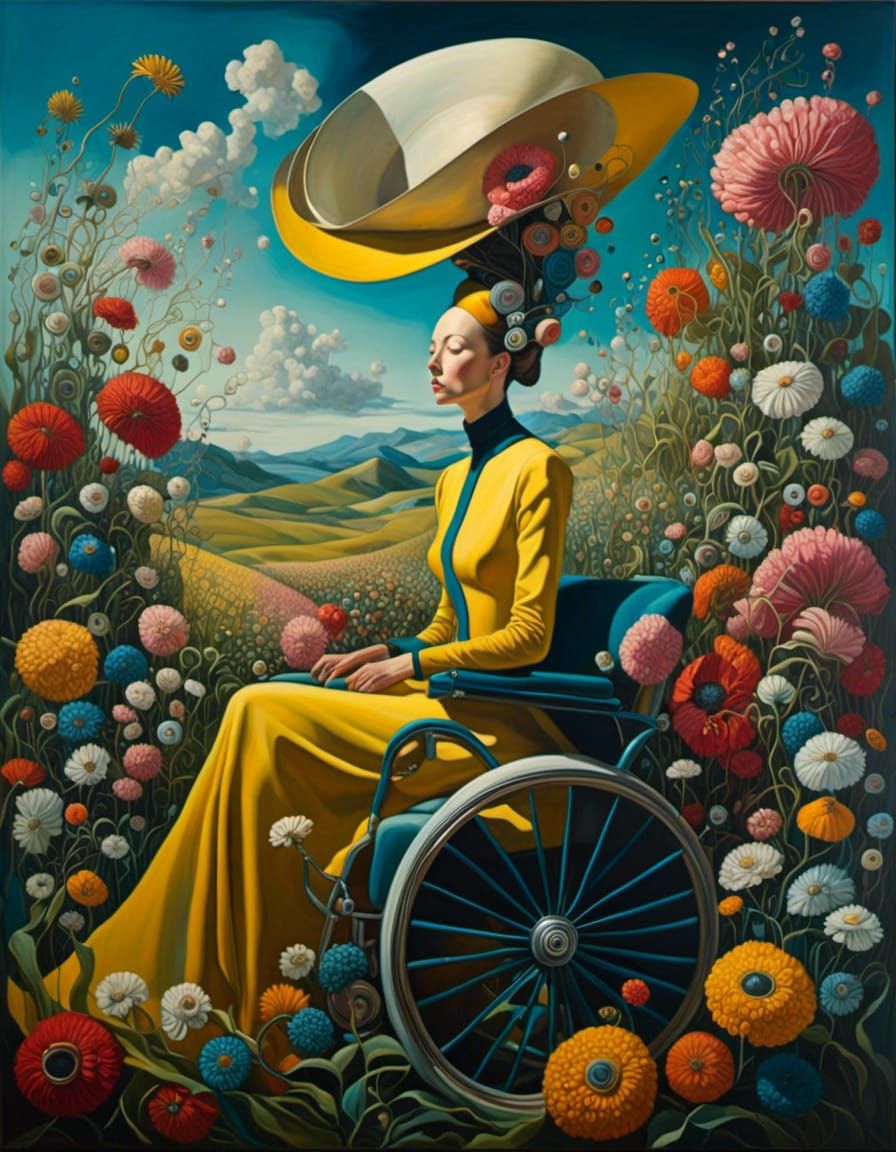 Dreamlike Portrait: Woman in Wheelchair Amidst Flowers