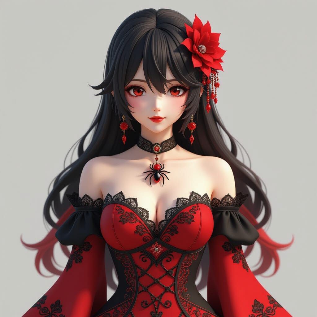 Anime Spider Goddess in 3D with Red and Black