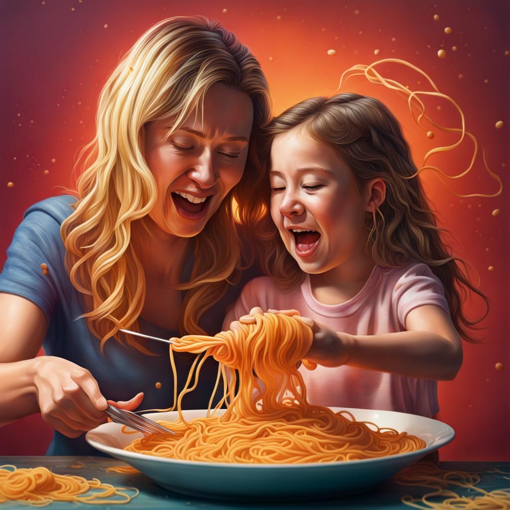 Hyperrealistic Mother and Daughter Making Spaghetti