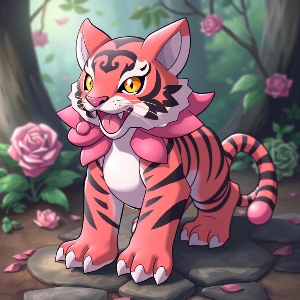 A Cyberpunk Tiger in a Rose Petal Landscape