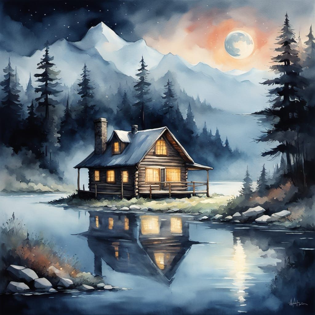 Tranquil Log Cabin by Moonlit River in Watercolor Style