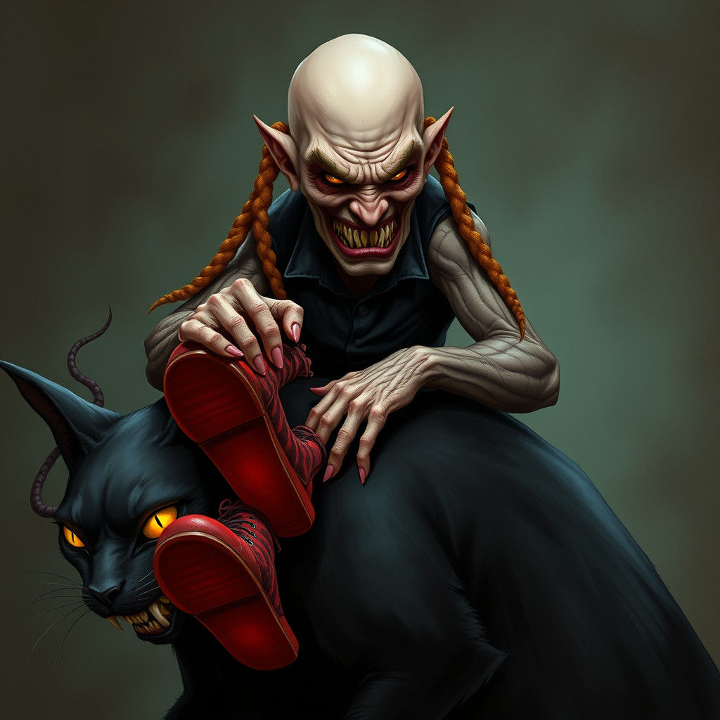 Grotesque Bald Man on Giant Cat, Dark Fantasy Art