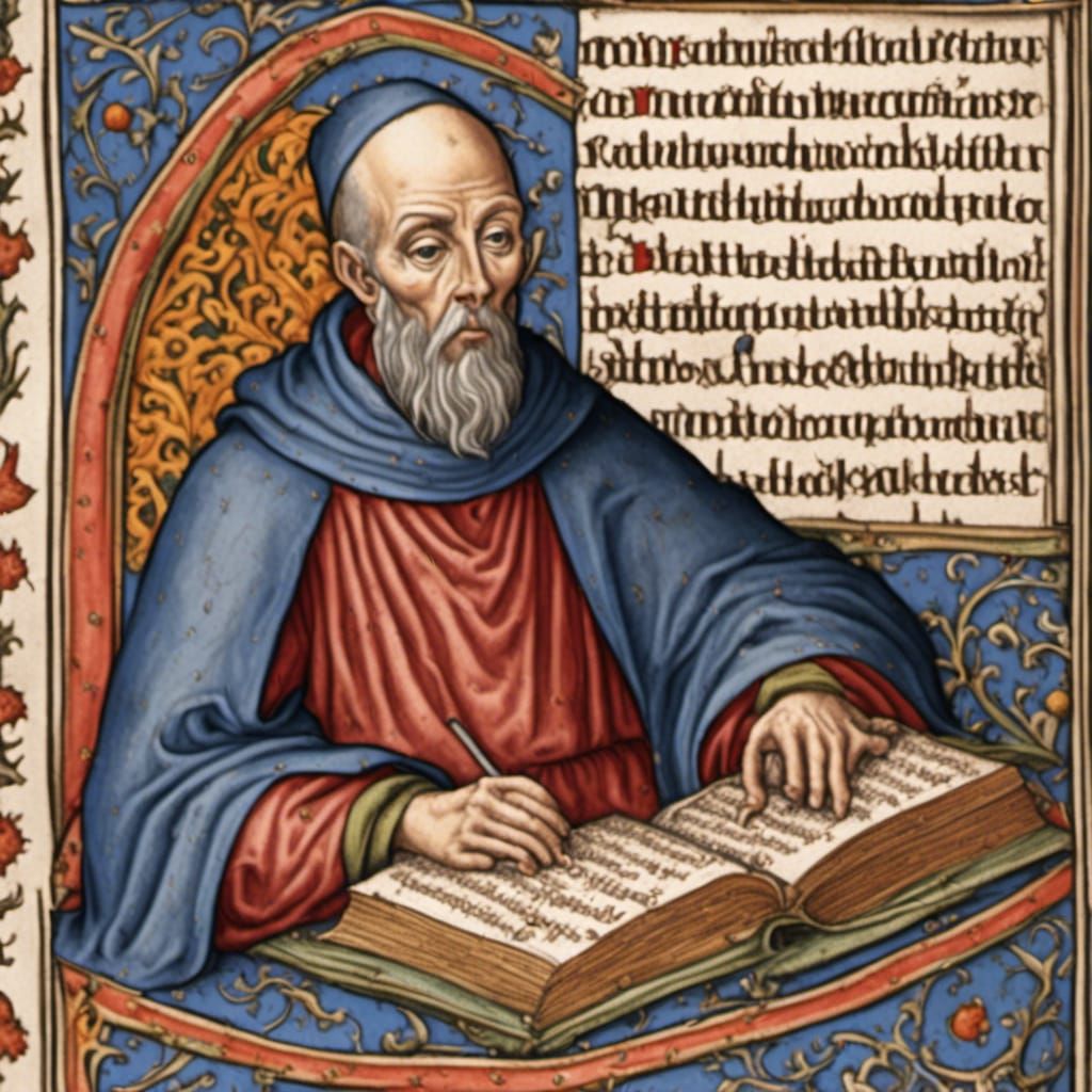 A medieval monk, copying religious texts, from scrolls to a ...