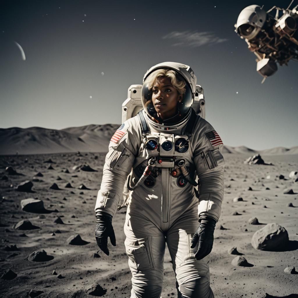 035 A beautiful female astronaut wearing a white spacesuit on the moon.