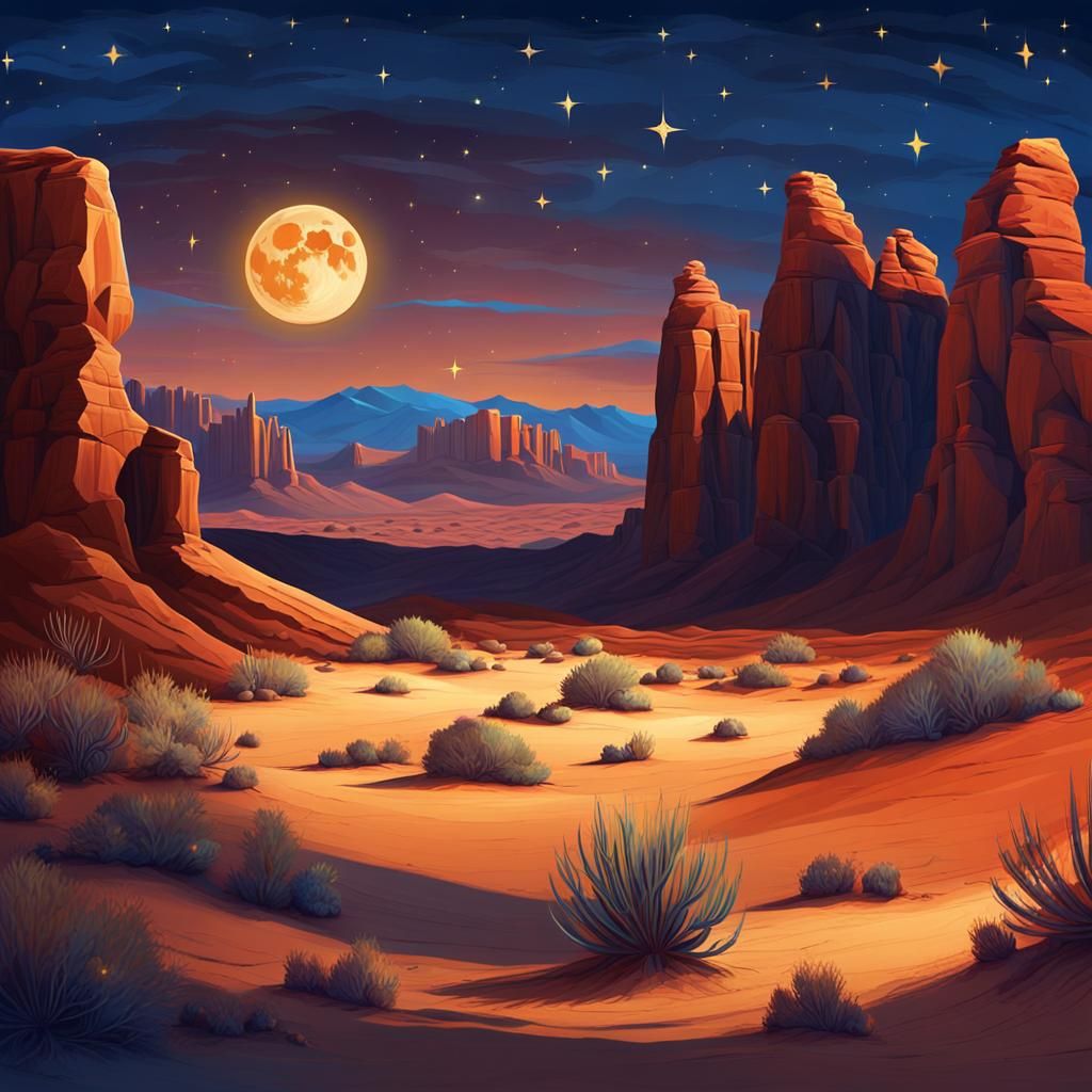 Utah Desert Nightscape in Oil Painting Style