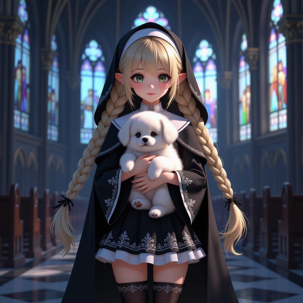 Elf Girl Hugs Puppy in Gothic Cathedral