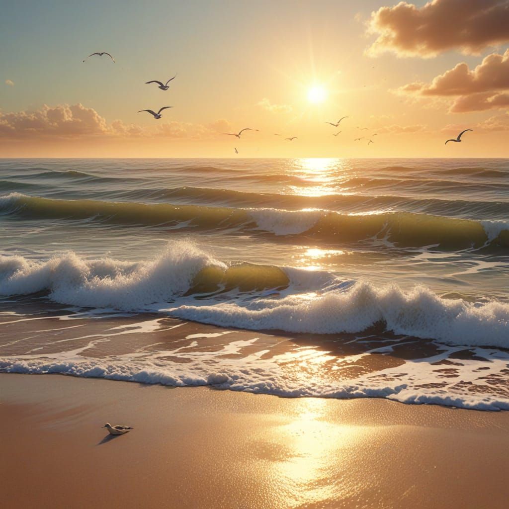 Serene Golden Hour Ocean Seascape Digital Painting