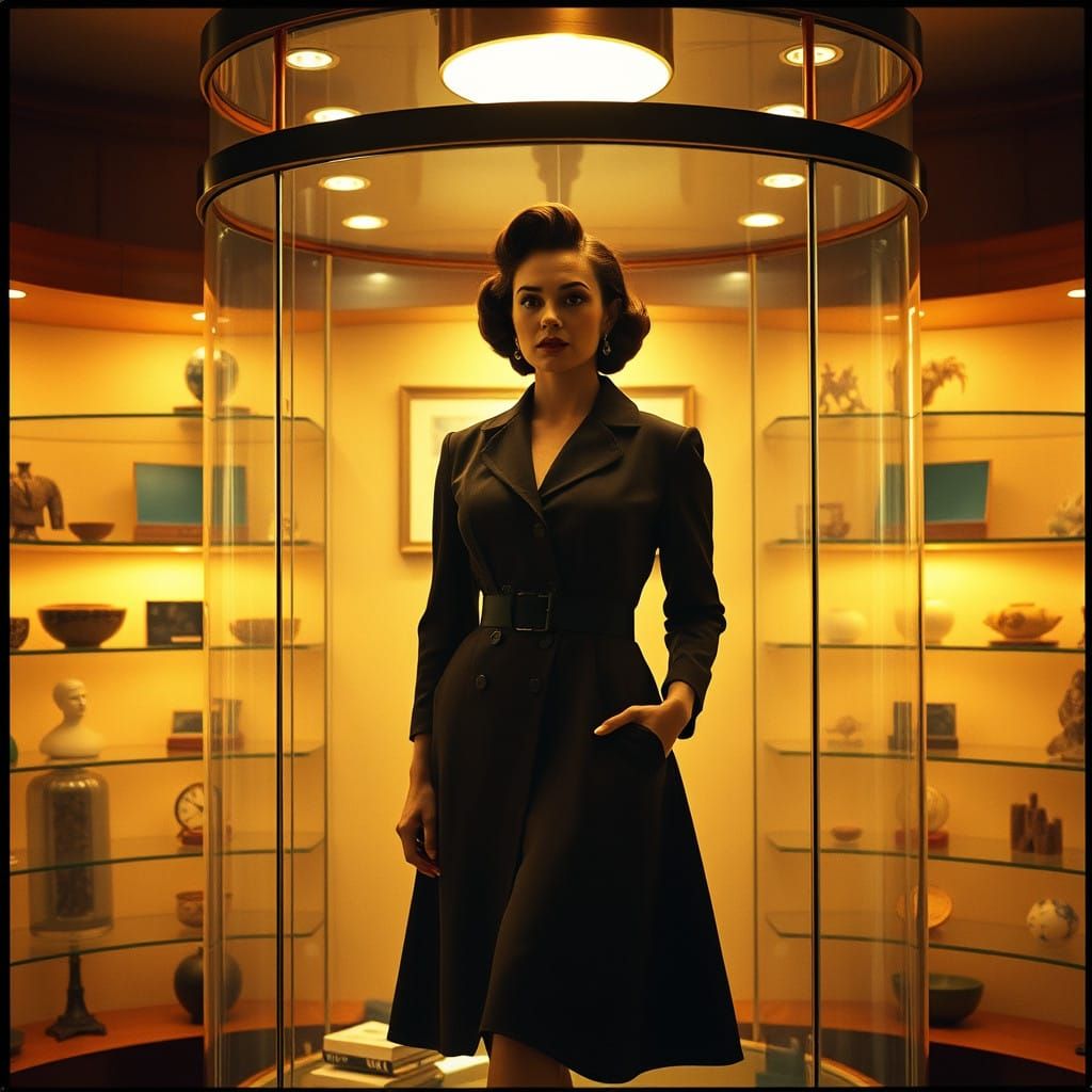 Elegantly Dressed Woman in Mid-Century Modern Display Case