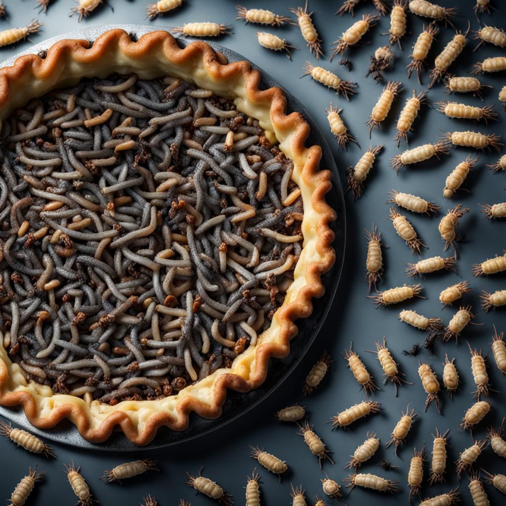 Hyperrealistic Maggot and Fly Pie: A Cinematic Still Life