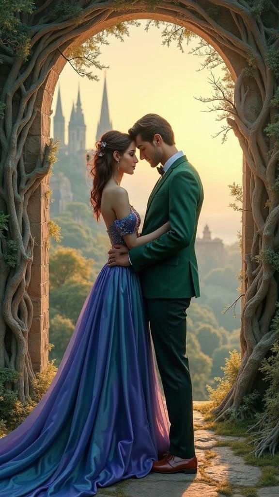 Ethereal Lovers Embracing in a Dreamlike Landscape