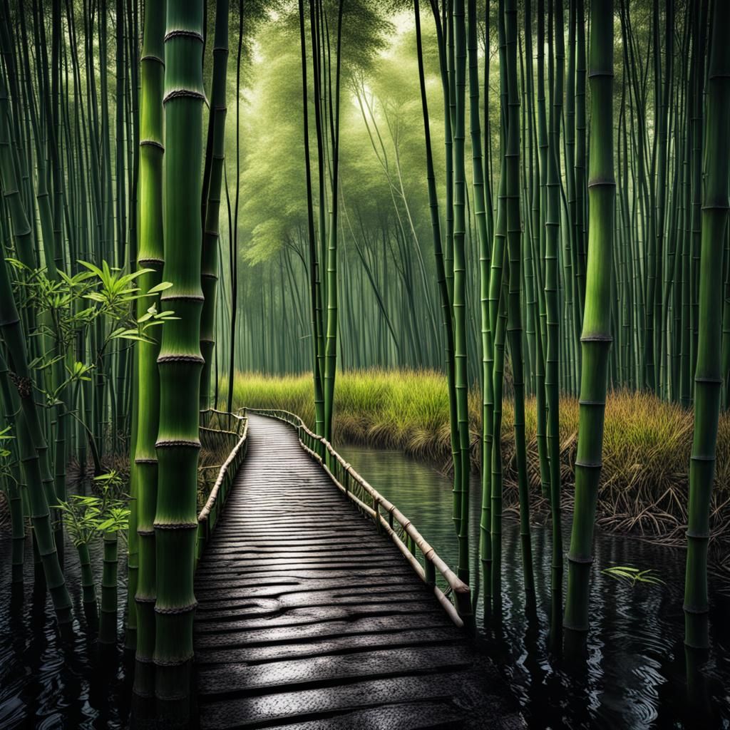 Lush Bamboo Forest Swamp with Wildflowers