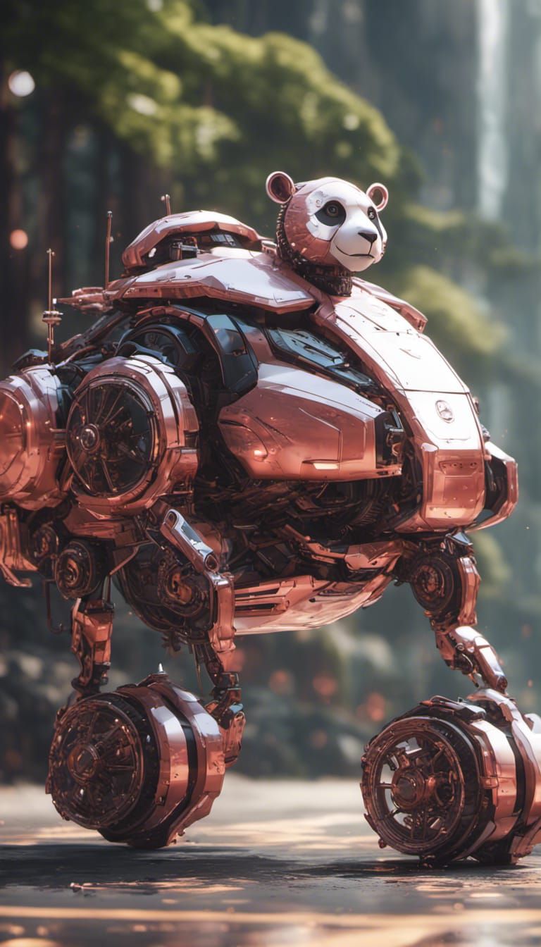 Futuristic Robot Panda Rides a Flamingo