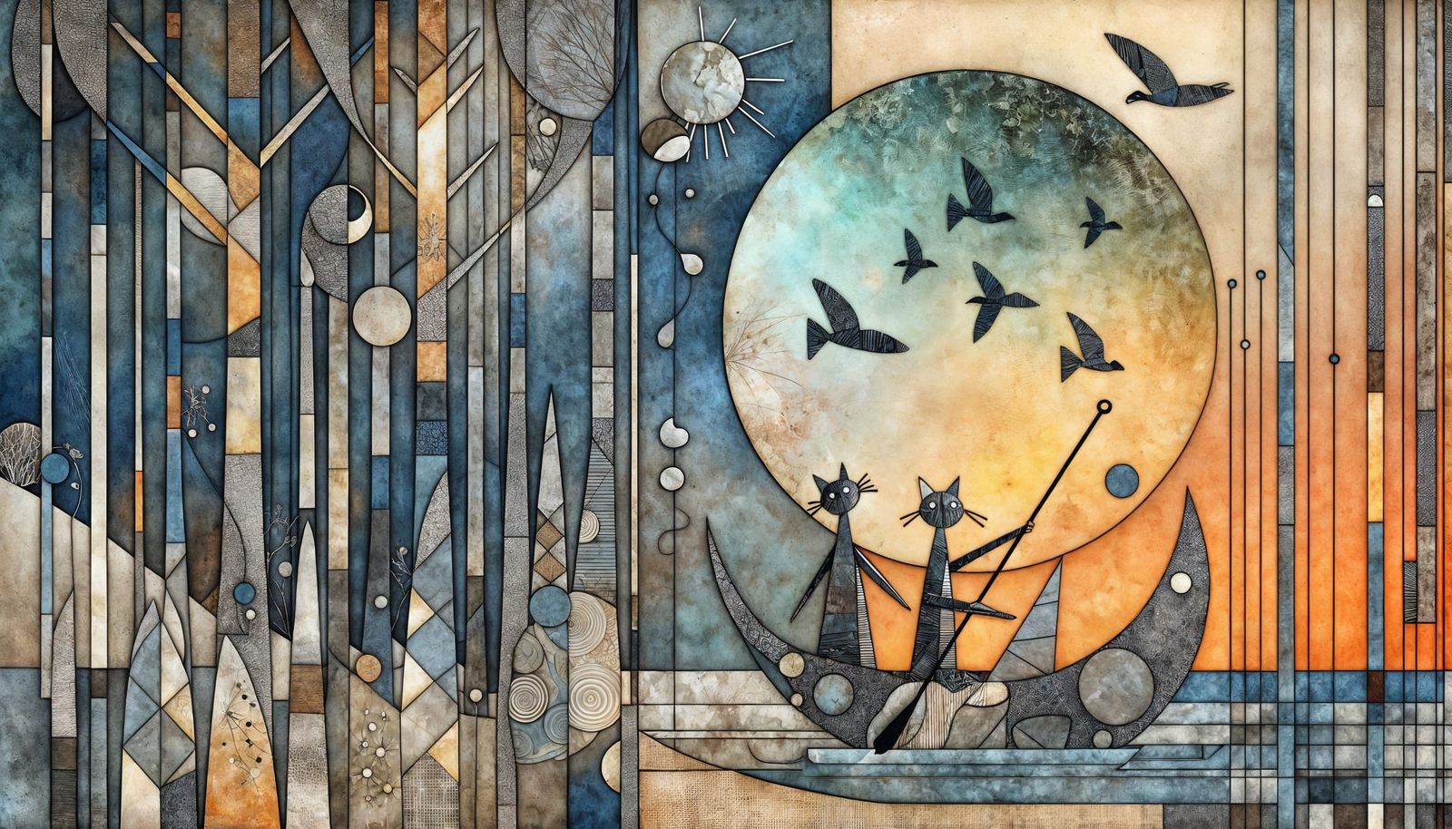 Whimsical 3D Cats Rowing Boat in Origami Style