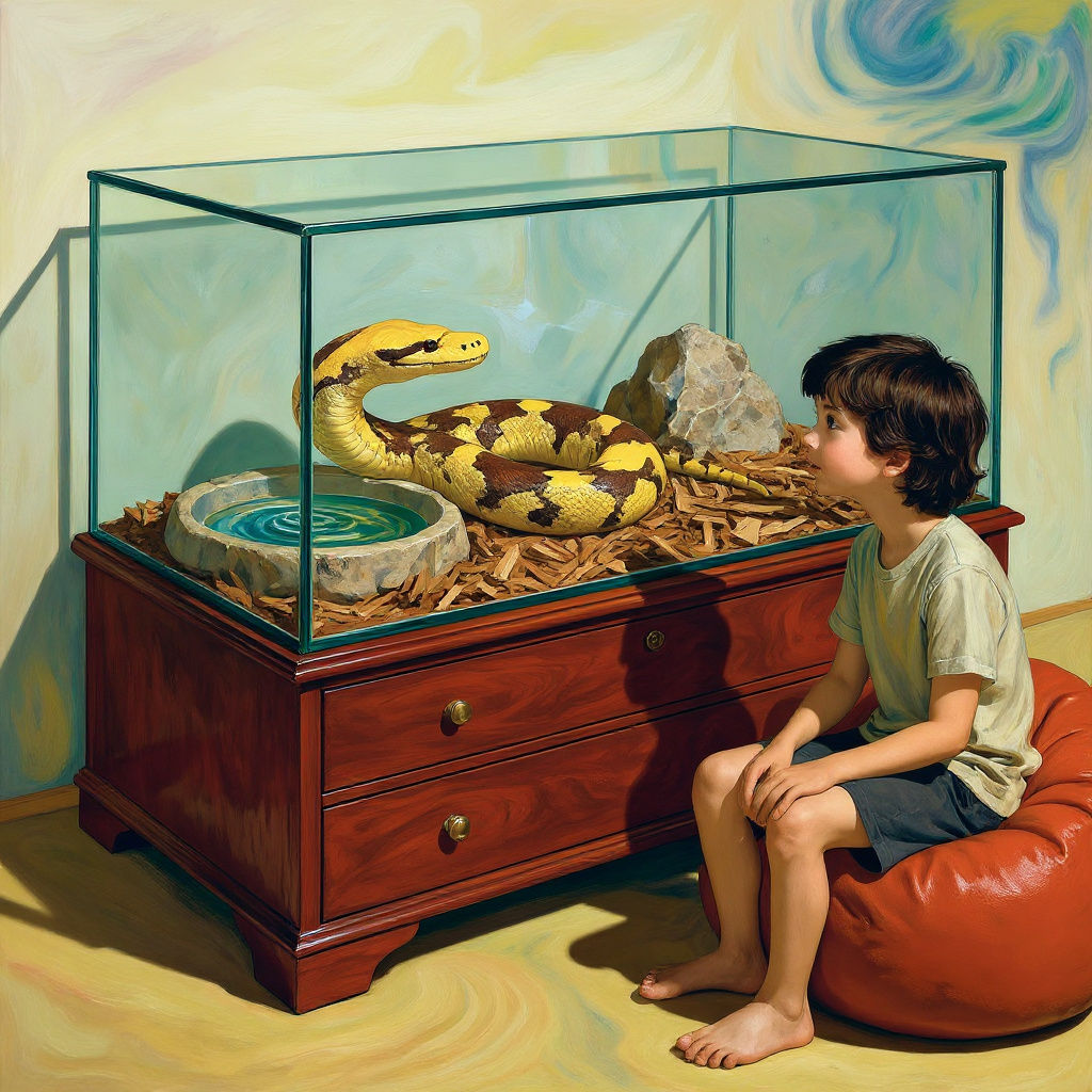 Surreal Portrait of Boy Amazed by Ball Python