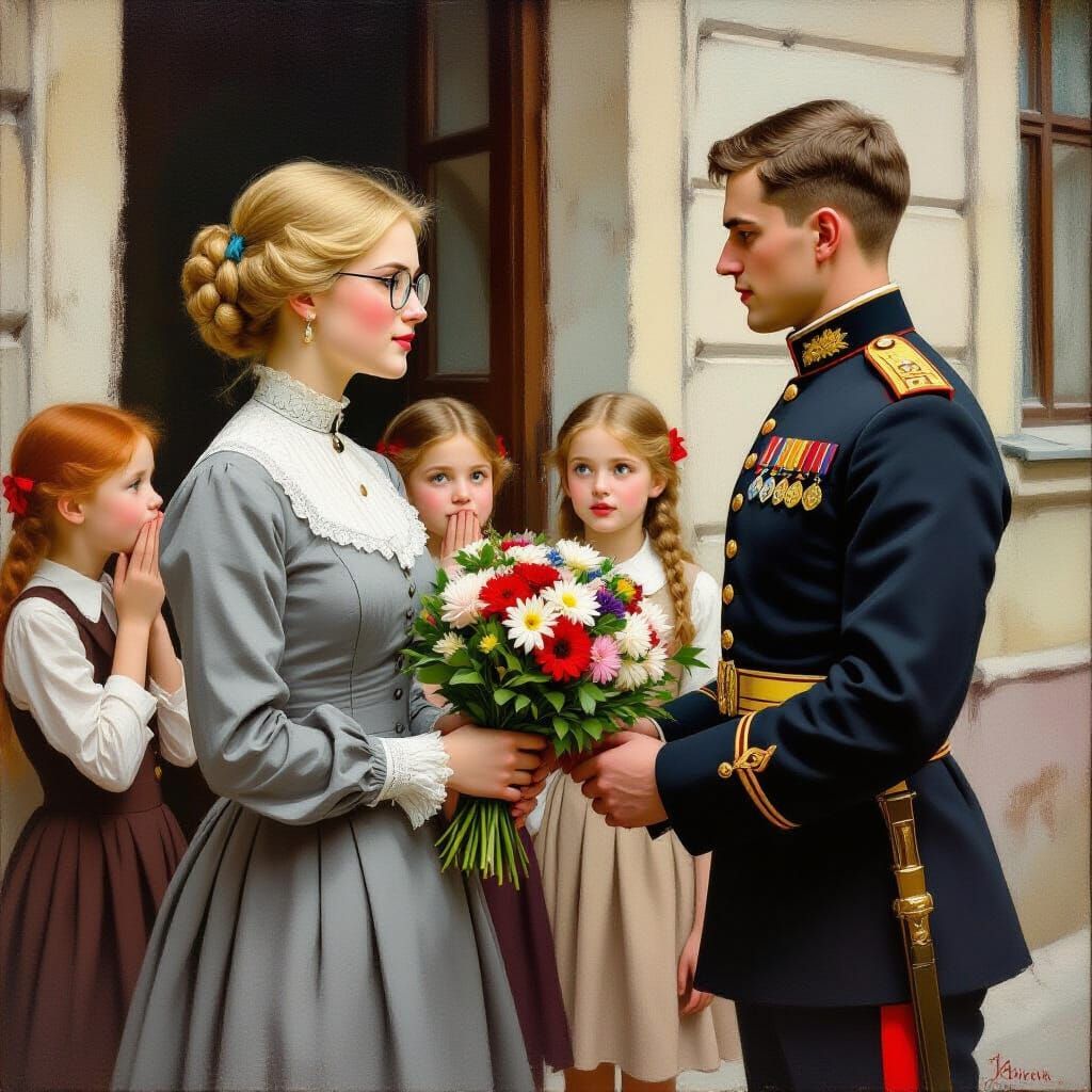 1890s Russian Teacher Receives Flowers from Officer