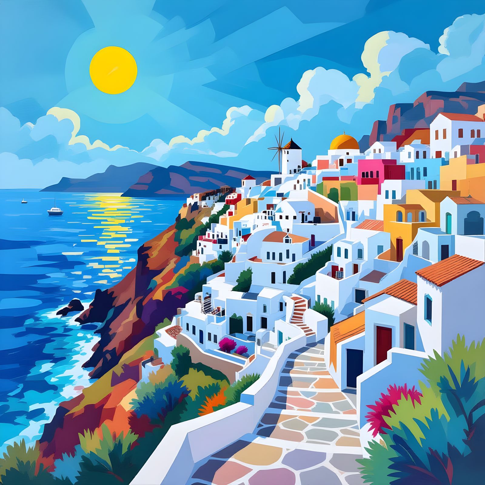Cubist Mediterranean Sea Landscape Painting