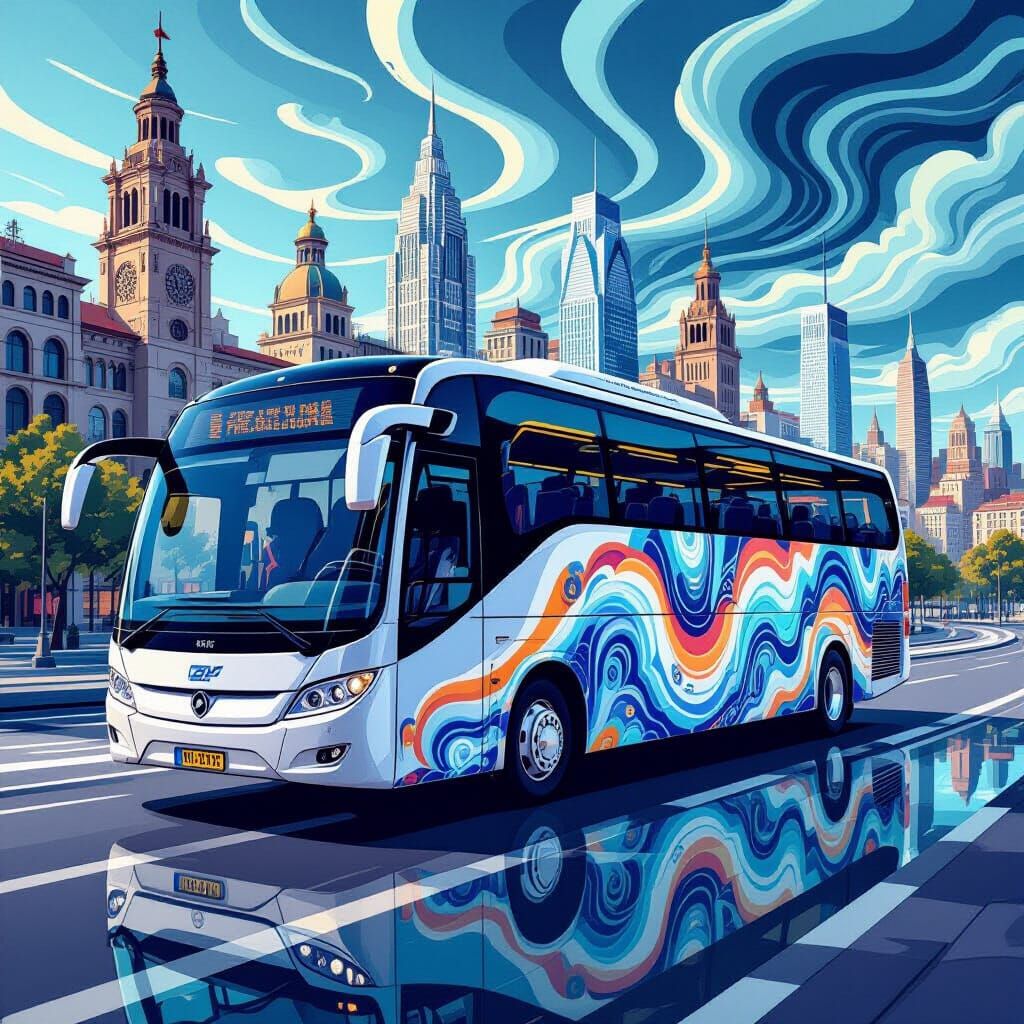 Futuristic Club Bus in Stylized Cityscape