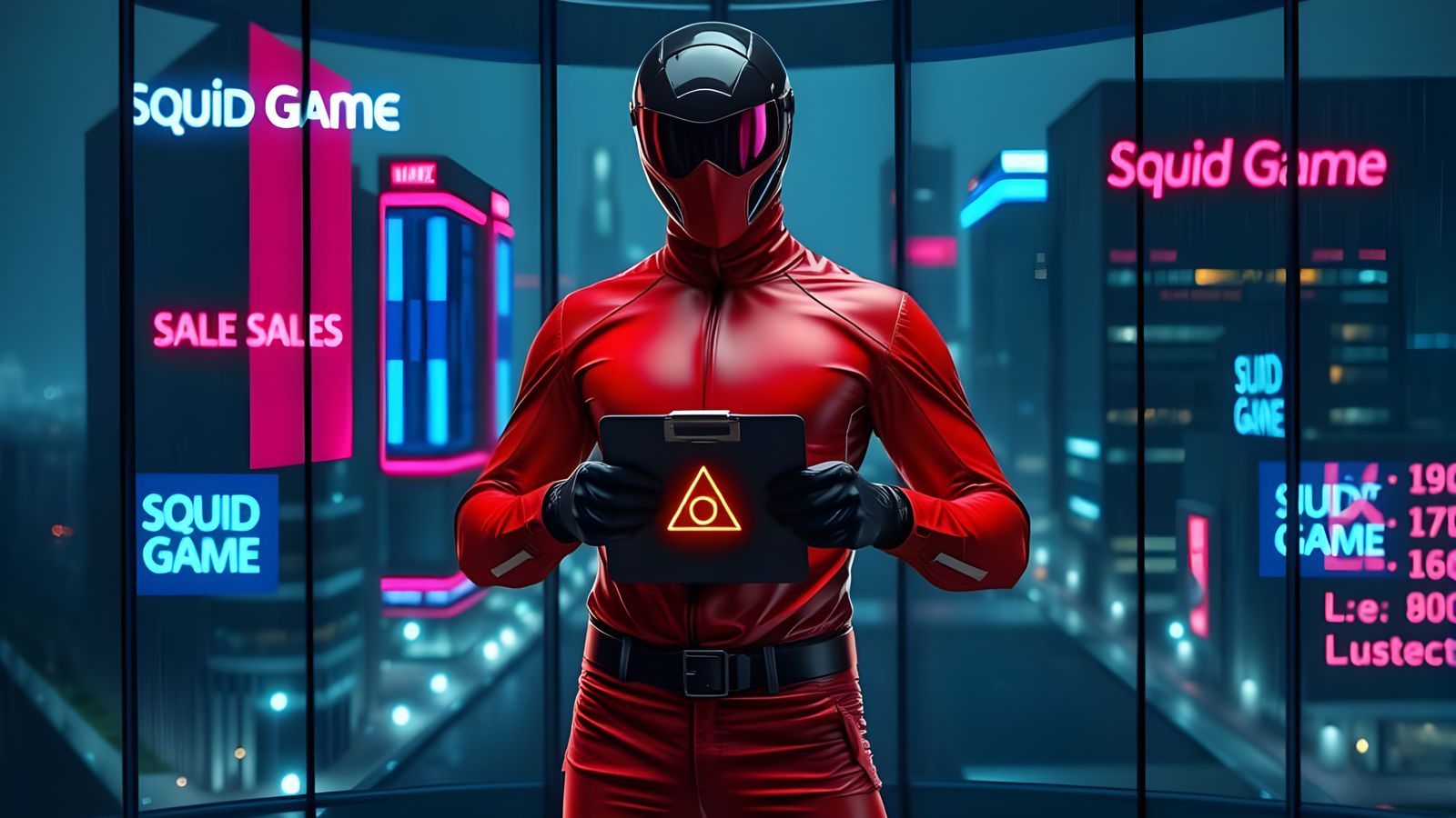 Squid Game Soldier in Cyberpunk Corporate Office