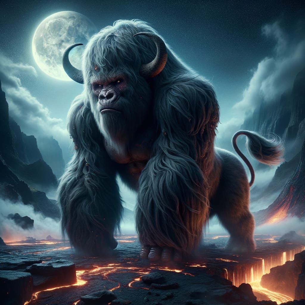 Photorealistic Gorilla-Buffalo Hybrid on Volcanic Plateau