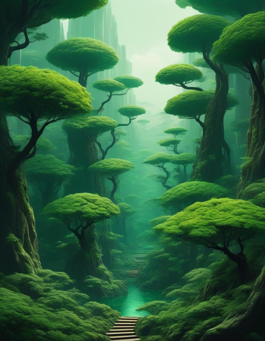 Minimalist Jade Forest: Green Curves in Space