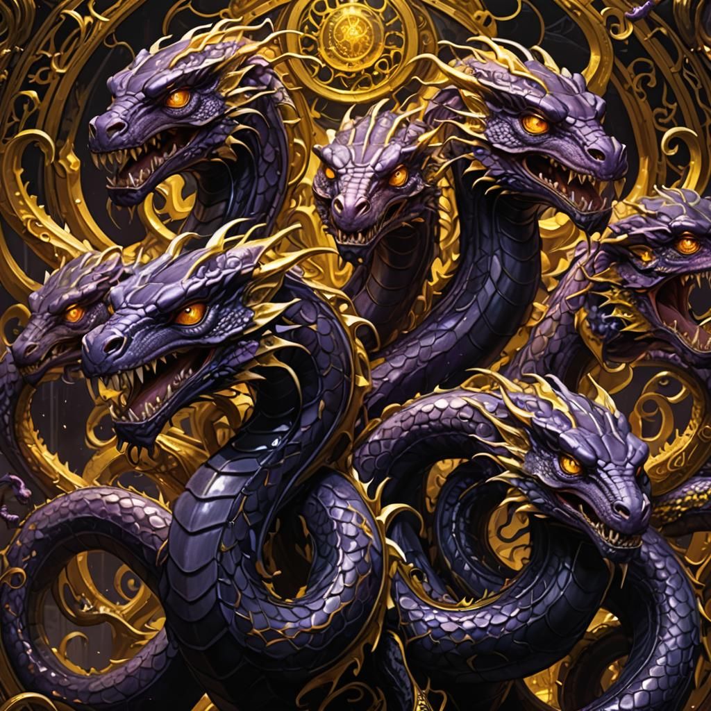 Five-Headed Hydra in Dark Fantasy Art Nouveau Style