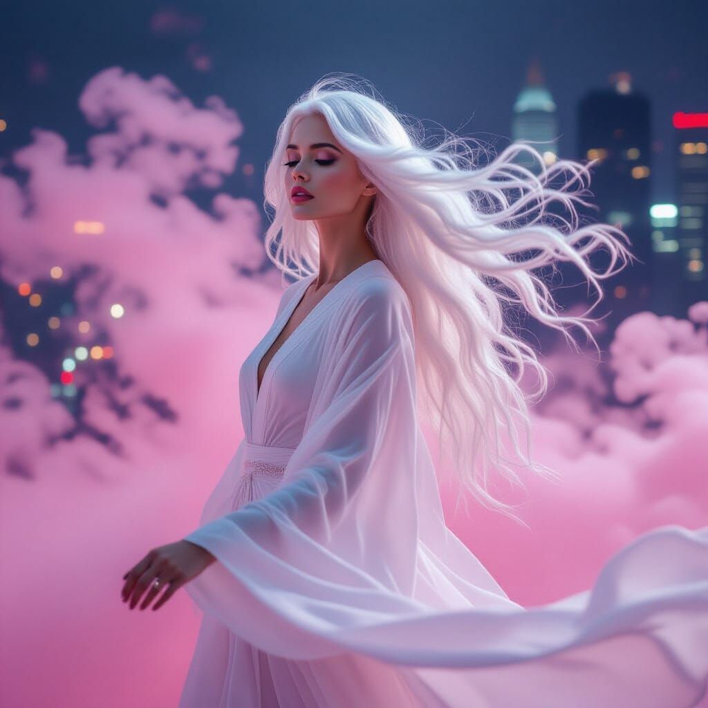 Mystical Woman in Pink Fog, Soft Focus Photography