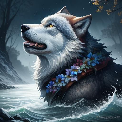 Wolf in Sunny River with Flowers: Hyperrealistic Art