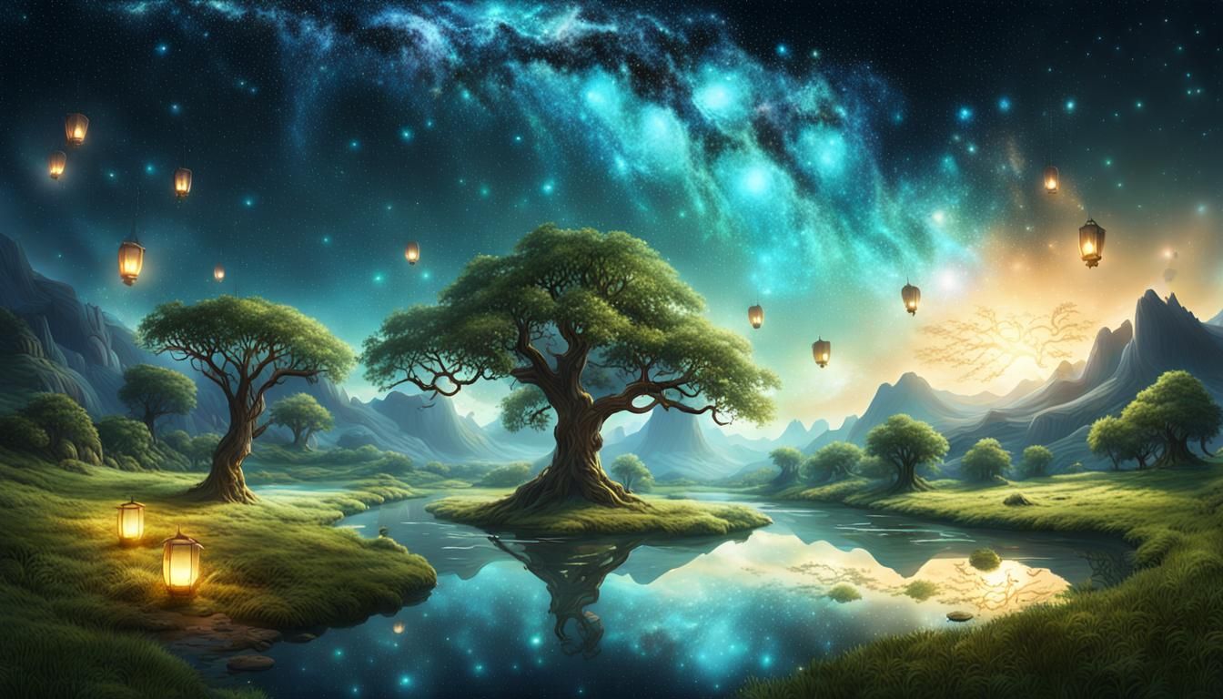 Dreamlike Valley with Starry Sky, Digital Matte Painting