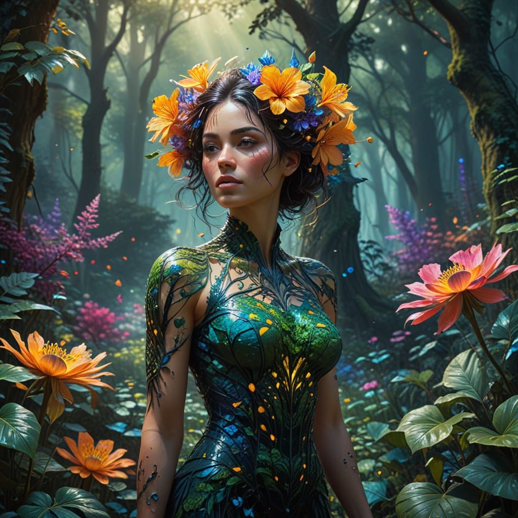 Surreal Forest Goddess in Vibrant Oil Painting Style