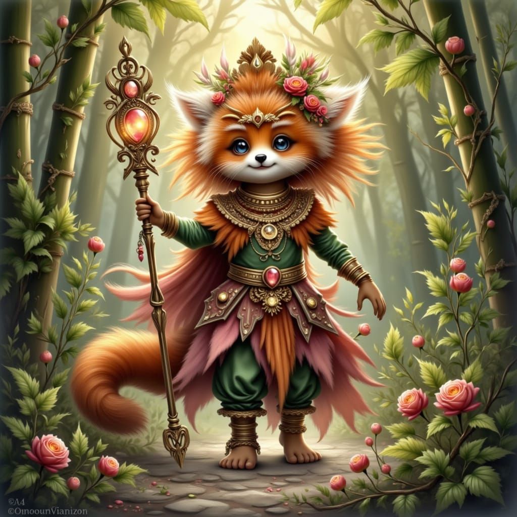 Red Panda Druid in Bamboo Forest with Sunstone Headdress