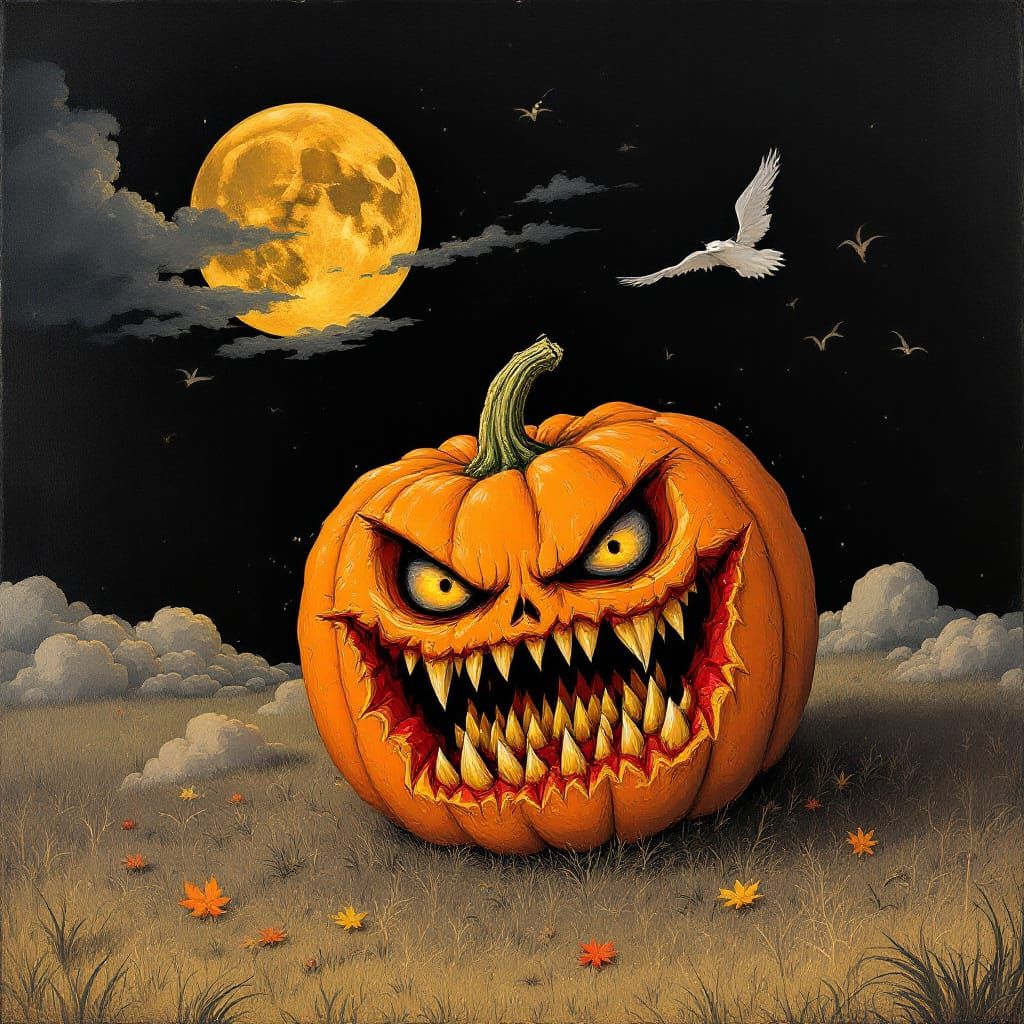 Angry Pumpkin with Sharp Teeth in Neo-Surrealist Style