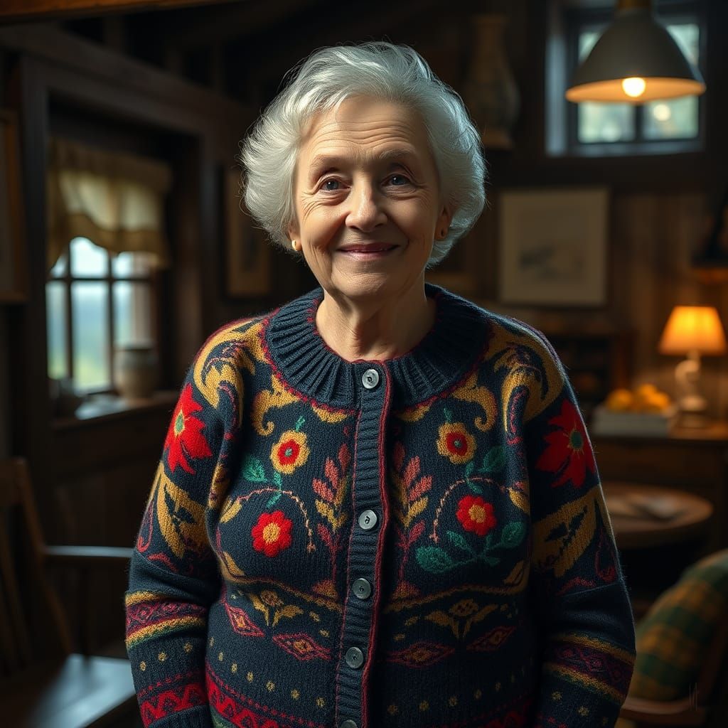 Elderly Woman in Hand-Knitted Cardigan, Scottish Folk Art