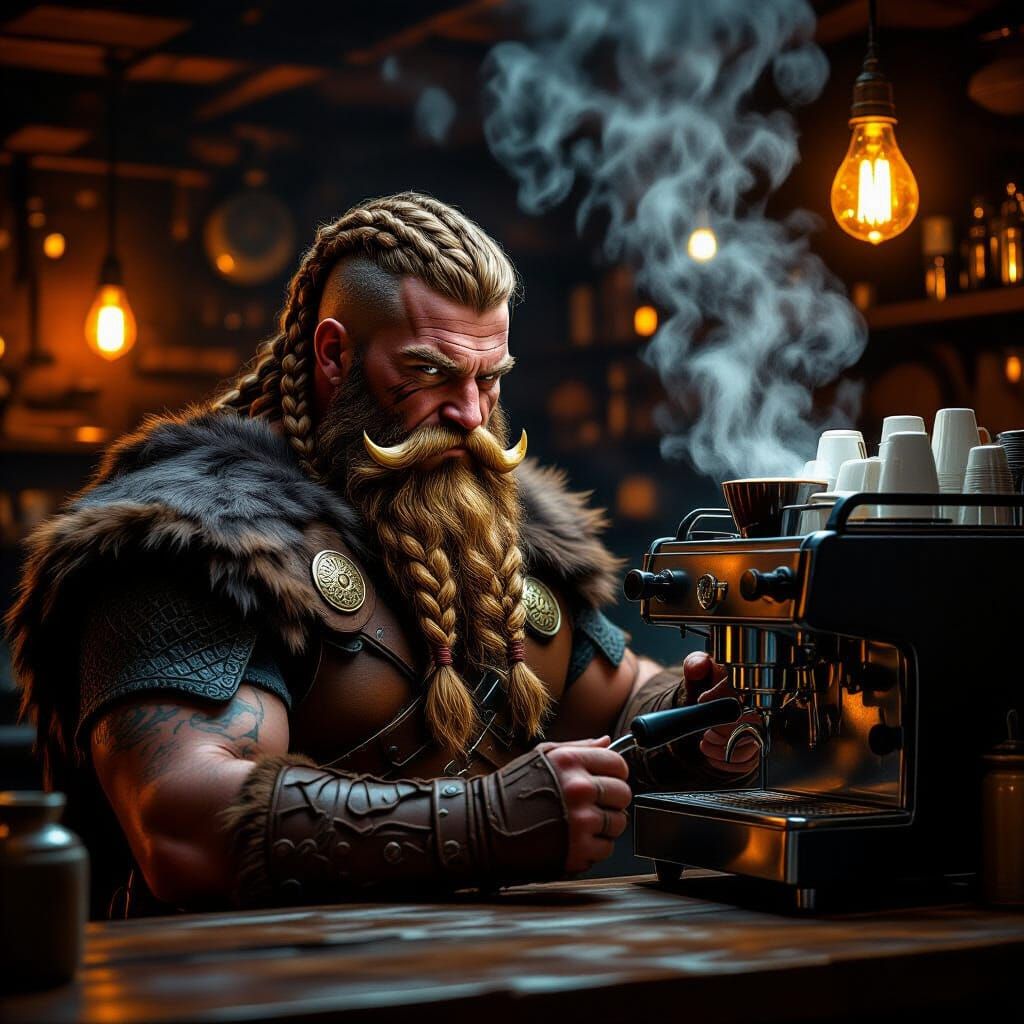 Viking Barista Crafts Latte in Cozy Cafe