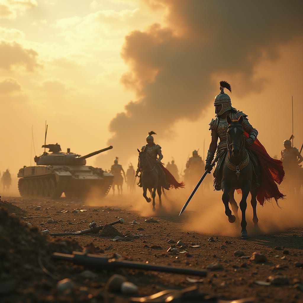 Epic Ancient Modern War Scene in Hyper-Realistic Cinematic S...