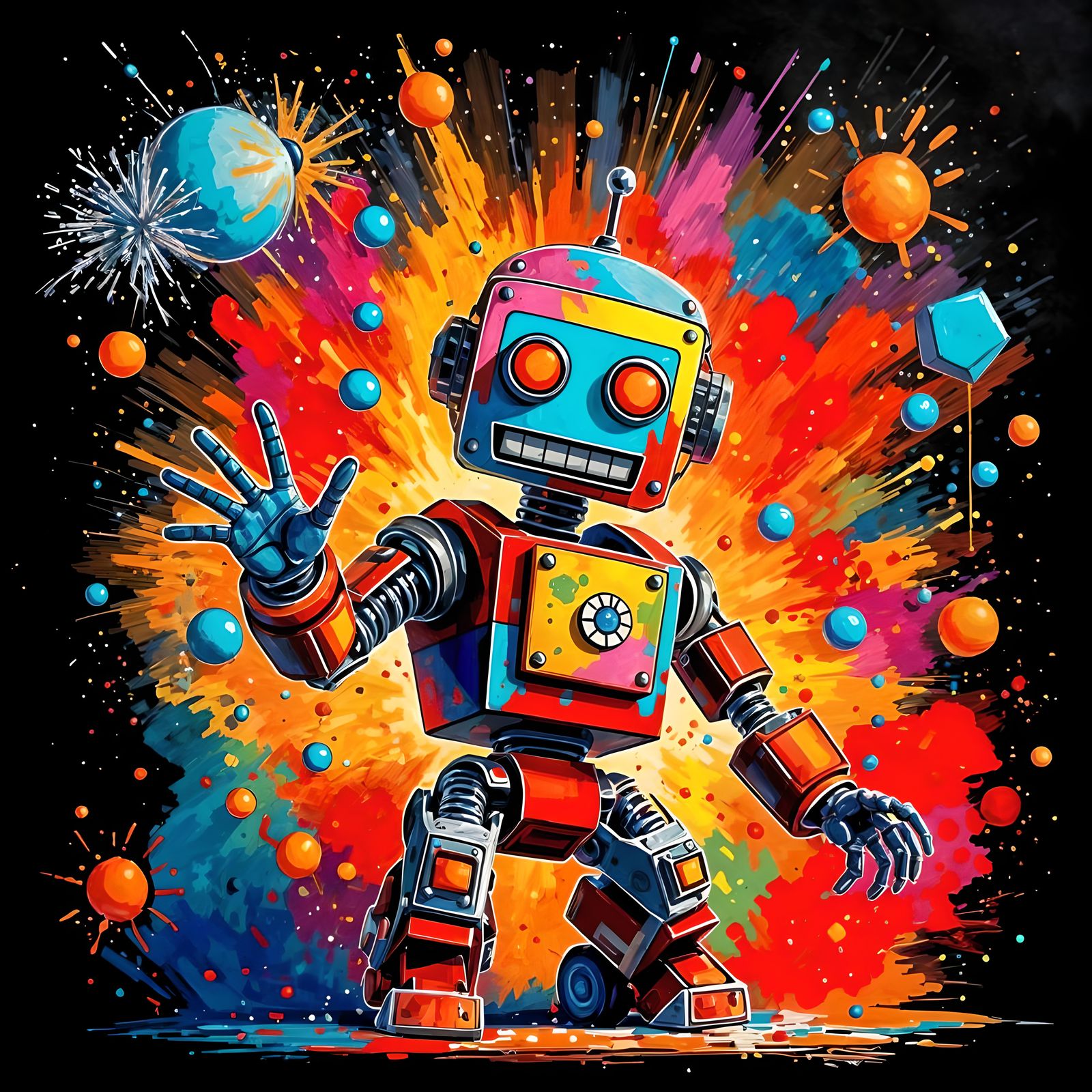 Happy Robot Artist's Colorful Explosion Painting