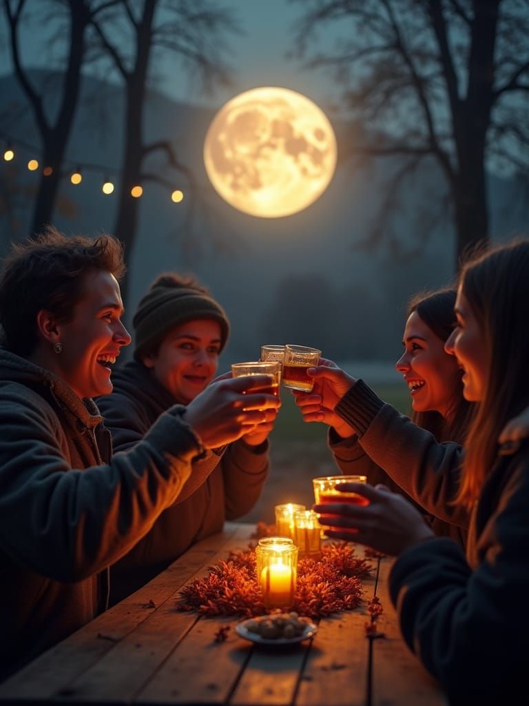 Friends Celebrate Fall Festival Under Mysterious Full Moon