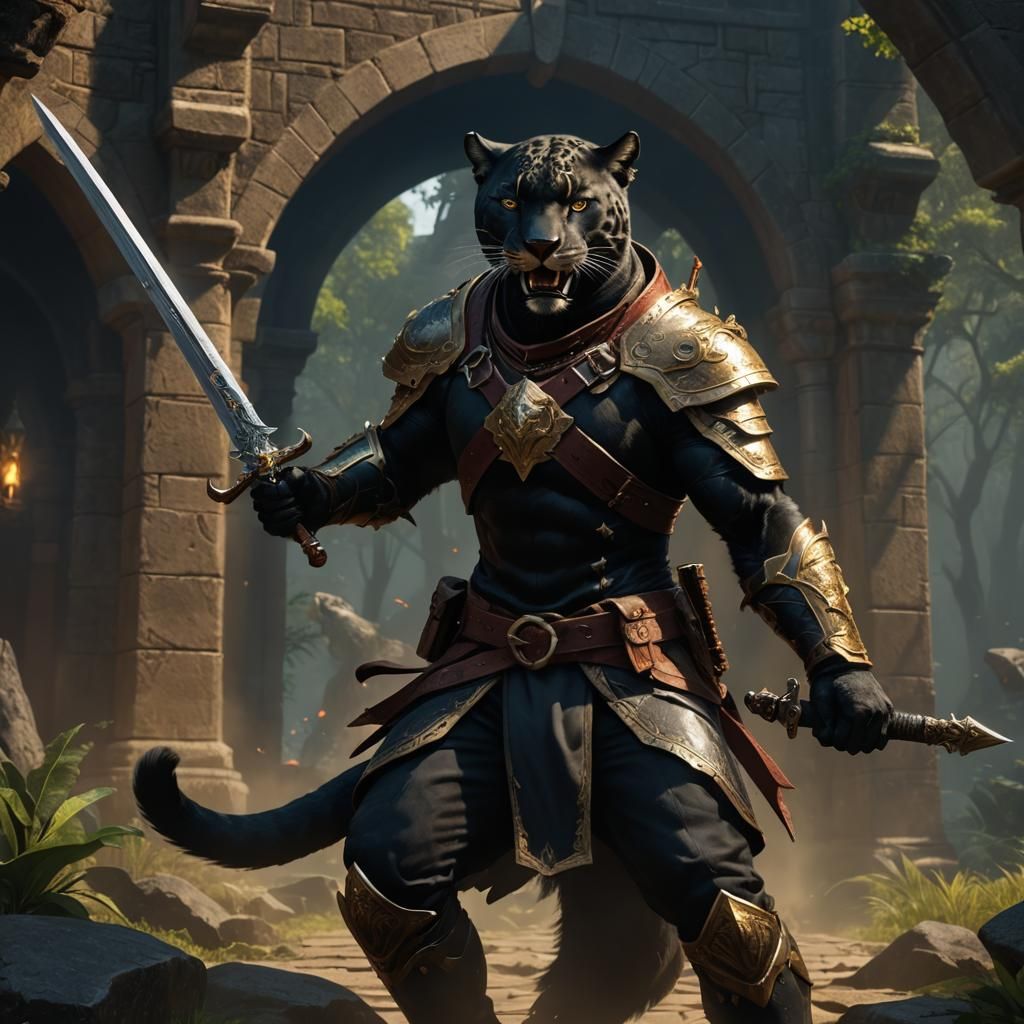 A black jaguar-like tabaxi ranger showing teeth angrily, hol...