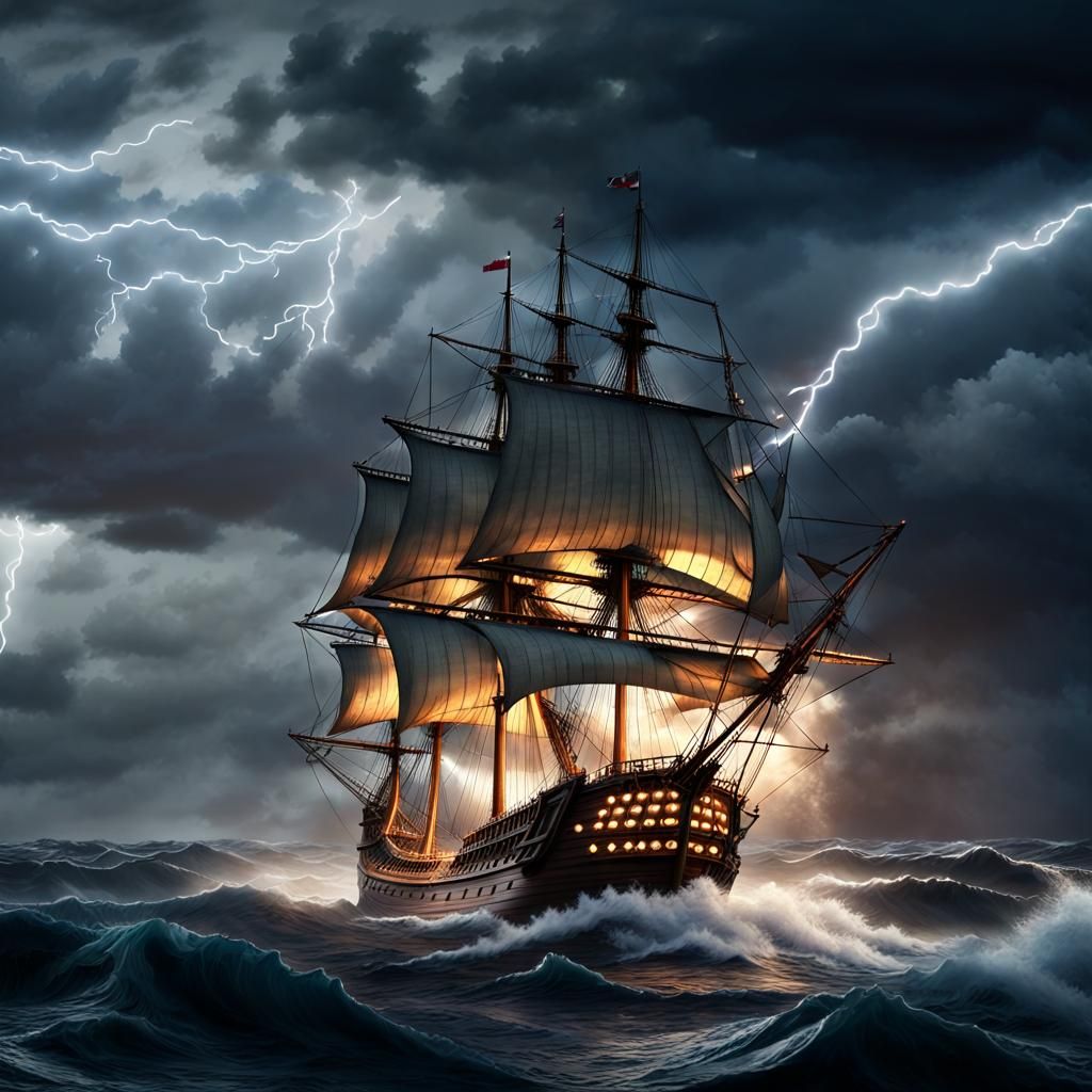 Spanish Galleon Sailing a Stormy Sea