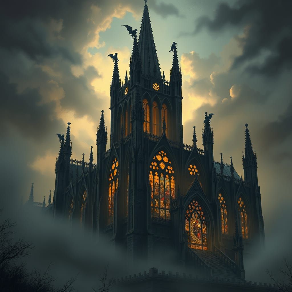 Gothic Cathedral on Misty Moor in Surreal Horror Style