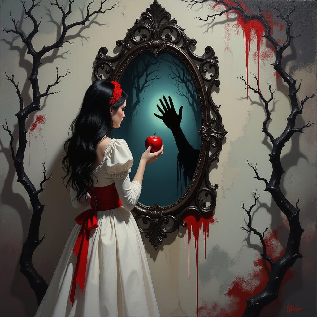 Gothic Woman and Haunted Mirror in Dark Fantasy Oil Painting