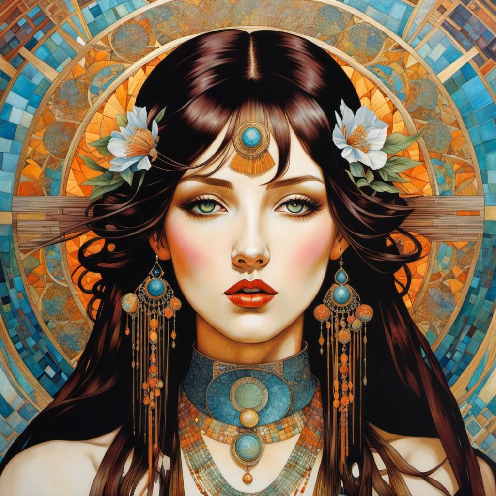 Colorful Mosaic Portrait in Art Nouveau Style