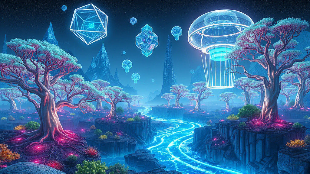 Futuristic Landscape with Glowing Trees and Digital Waterfal...