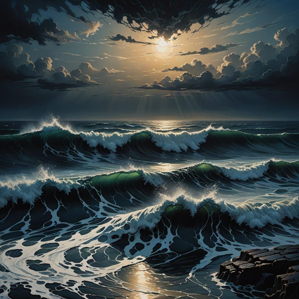 Surreal Oceanic Landscape with Cobalt and Obsidian Waves